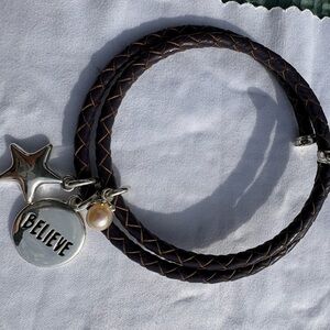 Vantel Pearls Braided Dark Brown Leather Wrap Bracelet with "Believe" Charm
